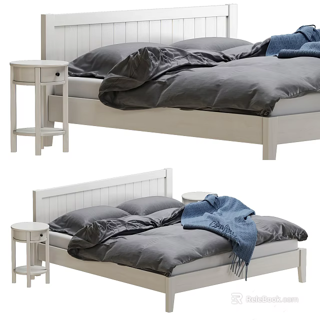 Double Bed with White Frame Gray Linens Blue Blanket and Nightstand 3d model