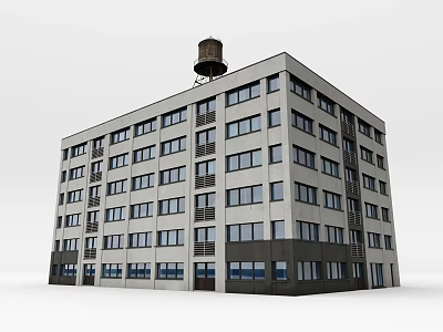 Multi story Building With Many Windows And Water Tower On Roof 3d model