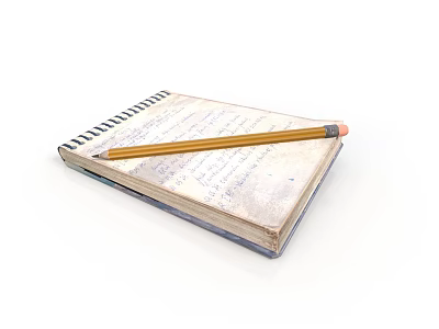 Daily Life Supplies Spiral Bound Notebook With Handwritten Notes And Pencil Lying On Vintage Paper 3d model