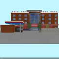 Modern Fire Station Building With Orange Exterior Red Awning Glass Facade And Entrance Trees