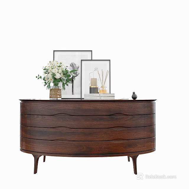 Dark Wooden Console Cabinet With White Flower Bouquet Photo Frames And Decorative Items 3d model 