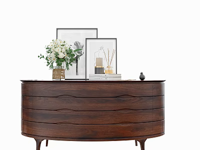 Dark Wooden Console Cabinet With White Flower Bouquet Photo Frames And Decorative Items 3d model