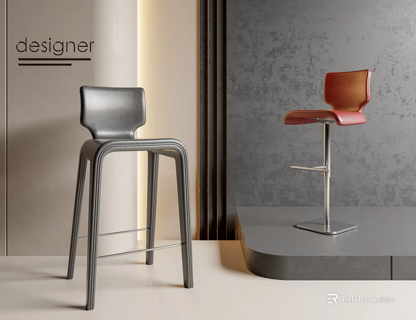 Designer Bar Stools with Modern Gray and Red Stylish Contemporary Design Furniture 3d model 