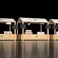 Three Wooden Retail Kiosks Side By Side With Awnings Displaying Boxed Products