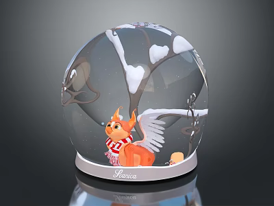 Decorative Commercial Snow Globe with Orange Winged Kitten Scarf Detailed Snow Scene and Tree Branches 3d model