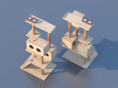 Wooden Multi Level Pet Activity Tower With Platforms Holes And Dishes 3d model