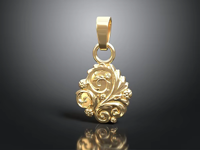 Gold Decorative Pendant with Intricate Scroll Patterns and Floral Accents 3d model