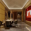 Modern Restaurant Interior With Red Walls Food Display Posters Dining Tables And Chairs