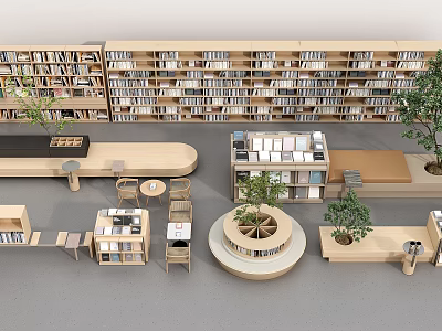 Minimalist Light Wood Table And Chair Combination For Comfortable Public Library Reading Space 3d model