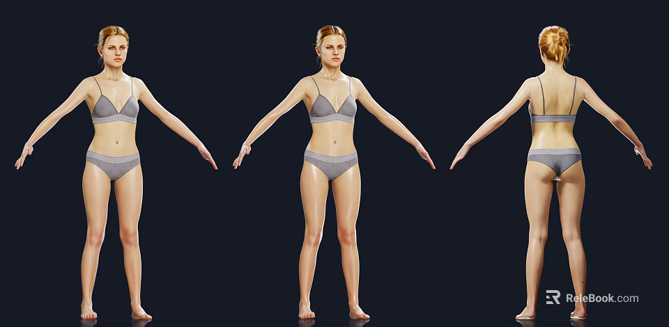 Woman in Gray Lingerie Standing in Different Angles Against Dark Background 3d model 