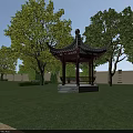 Traditional Chinese Ancient Pavilion With Classic Roof Surrounded By Green Trees And Grassland