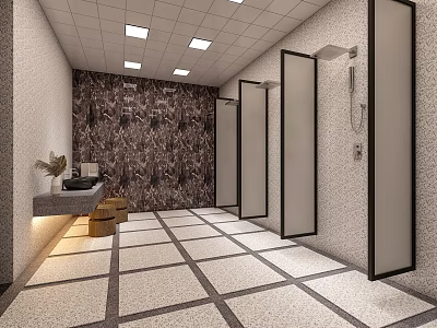 SPA Sauna Interior With Shower Cubicles Gray White Checkered Floor Tiles And Decorative Stone Walls 3d model