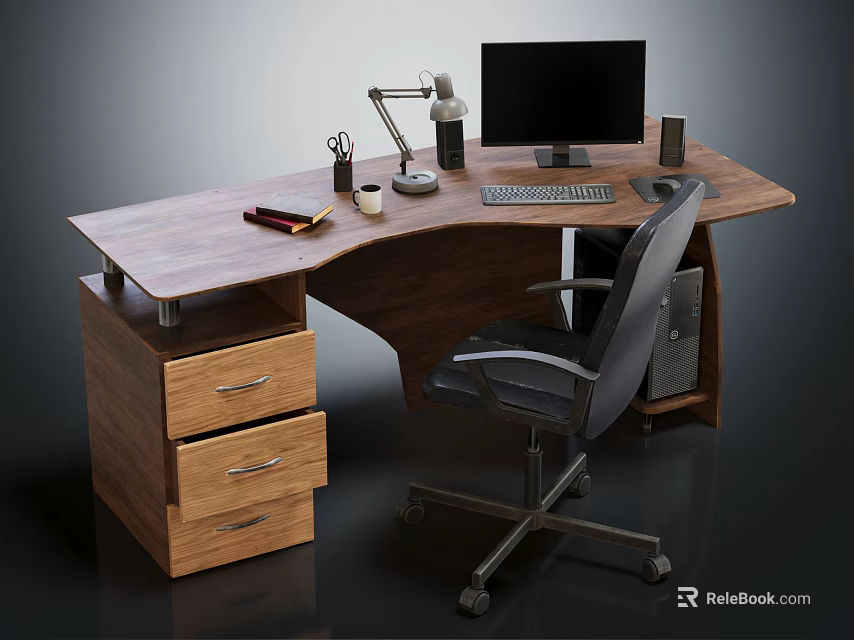 Curved Wooden Office Desk With Drawers Computer Monitor Keyboard Lamp And Black Chair 3d model 