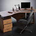 Curved Wooden Office Desk With Drawers Computer Monitor Keyboard Lamp And Black Chair