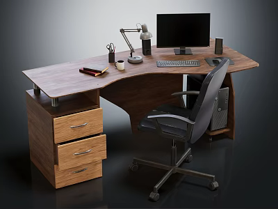 Curved Wooden Office Desk With Drawers Computer Monitor Keyboard Lamp And Black Chair 3d model