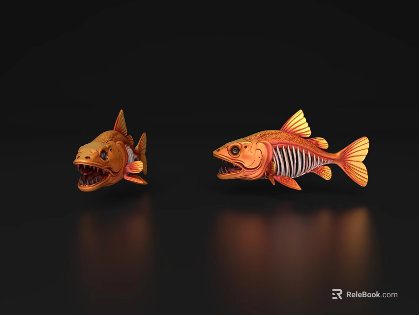 Two Orange Fish 3D Models With Sharp Teeth And Skeletal Structure On Black Reflective Background 3d model