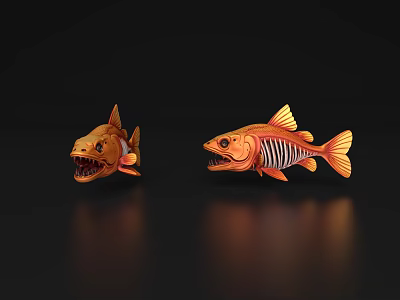 Two Orange Fish 3D Models With Sharp Teeth And Skeletal Structure On Black Reflective Background 3d model