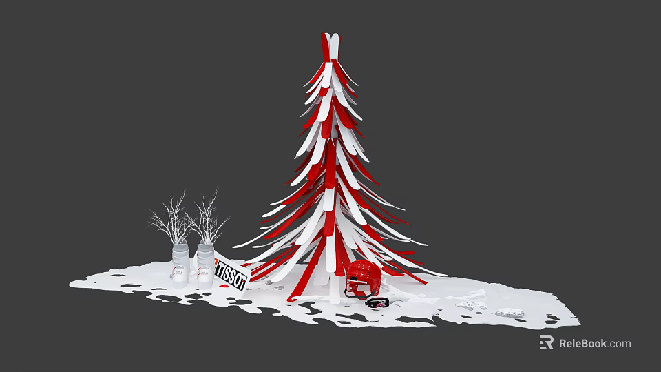 Christmas Themed Window Display With Red White Tree Decoration And Snowy Base 3d model 