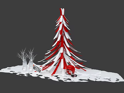 Christmas Themed Window Display With Red White Tree Decoration And Snowy Base 3d model