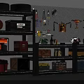 Organized Garage With Black Metal Shelves Tires Toolboxes Wooden Crates Red Bins And Tool Hangers