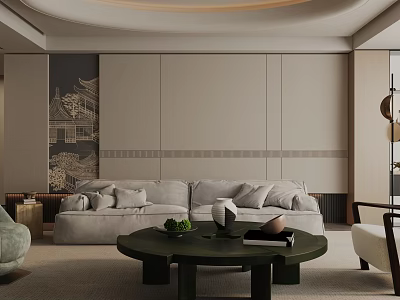 Modern Living Room Interior With Beige Sofa Round Coffee Table And Decorative Wall Panel 3d model