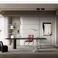 Modern Study Desk and Chair Green Plant Potted Fireplace Decoration Painting Bookcase Venetian Blinds Stool 3d model
