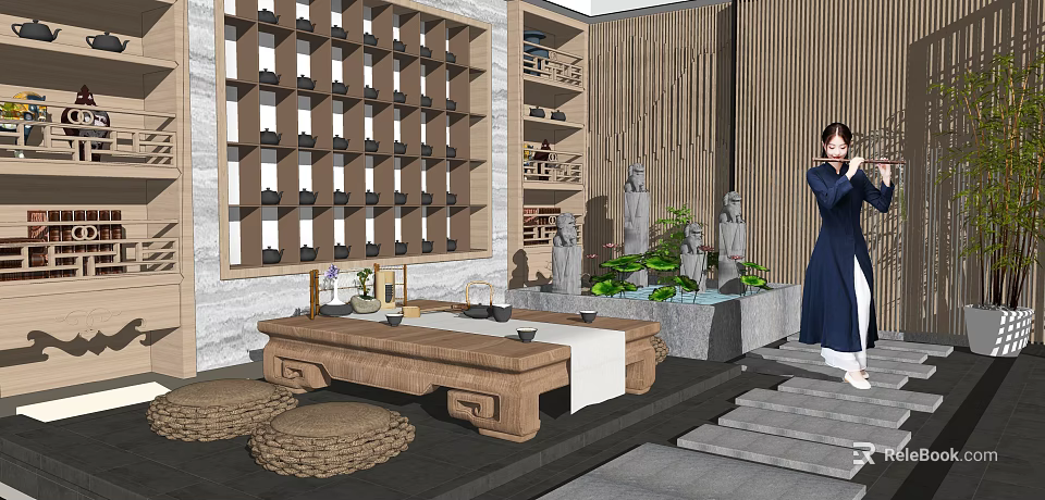 Traditional Chinese Tea Table and Chairs with Rattan Cushions Decorative Shelves and Small Water Feature 3d model 