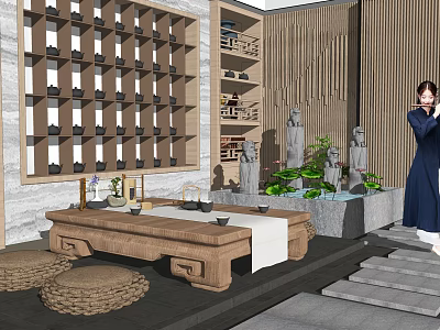 Traditional Chinese Tea Table and Chairs with Rattan Cushions Decorative Shelves and Small Water Feature 3d model