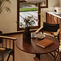 Cozy Restaurant Interior With Wooden Cabinets Round Dining Table Chairs Plant And Pendant Light