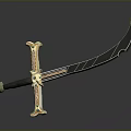 Decorative Scimitar With Golden Hilt Gemstone Accents And Black Patterned Blade