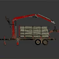 Red Timber Truck with Extended Crane Arm Loaded with Stacked Wood Logs for Forestry Transport