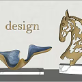 Golden Horse Head Sculpture with Butterfly Patterns and Blue Abstract Sculpture on Marble Bases