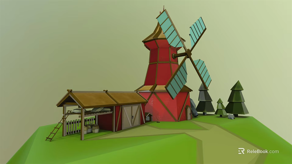 Cartoon Scene Featuring Red Windmill Blue Blades Wooden House Brown Roof Green Grass And Trees 3d model 