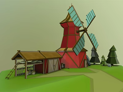 Cartoon Scene Featuring Red Windmill Blue Blades Wooden House Brown Roof Green Grass And Trees 3d model