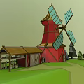 Cartoon Scene Featuring Red Windmill Blue Blades Wooden House Brown Roof Green Grass And Trees