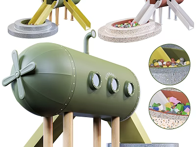 Green Submarine Shaped Children's Play Area With Slide Sandpit And Wooden Supports 3d model