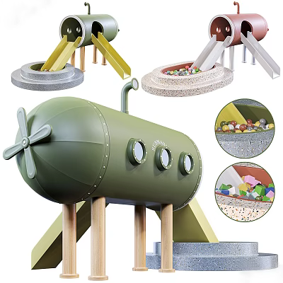 Green Submarine Shaped Children's Play Area With Slide Sandpit And Wooden Supports 3d model