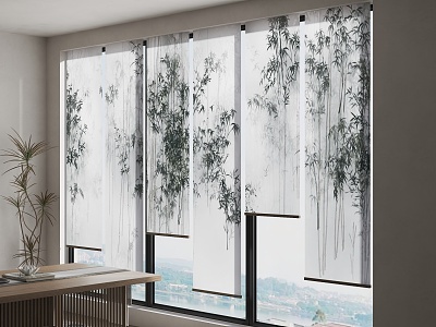 New Chinese Zen Gauze Curtain Bamboo Gauze Curtain Ink Landscape Painting Gauze Curtain New Chinese Tea Room Tea Room Table and Chair New Chinese Bamboo Roller Curtain 3d model