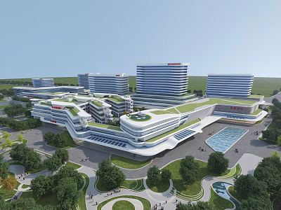 Modern Industrial Plant Complex With Green Roof Landscaping And Water Features 3d model