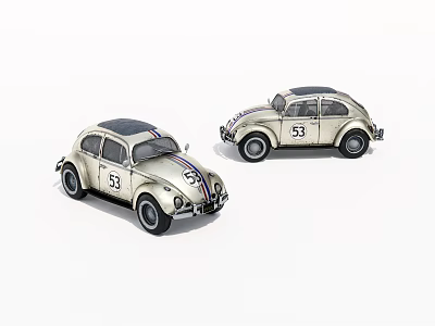 Two Classic Cream Colored Volkswagen Beetle Cars With Number 53 And Striped Design 3d model