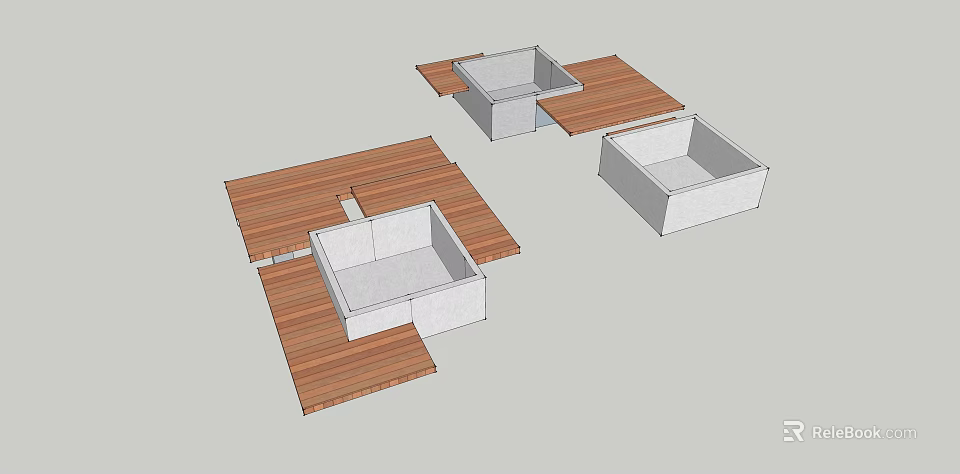 Outdoor Landscape Seats Featuring Wooden Surfaces and Concrete Bases Modular Design 3d model 