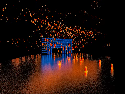 Orange Glowing Lights Floating Around Blue Frame Structure With Water Reflection On Dark Background 3d model