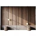 Modern Gray Textured Wall Design With Vertical Slats And Hanging Pendant Lights