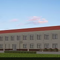 Classic Office Building With Red Roof Light-Colored Walls Multiple Windows And Front Lawn And Entrance