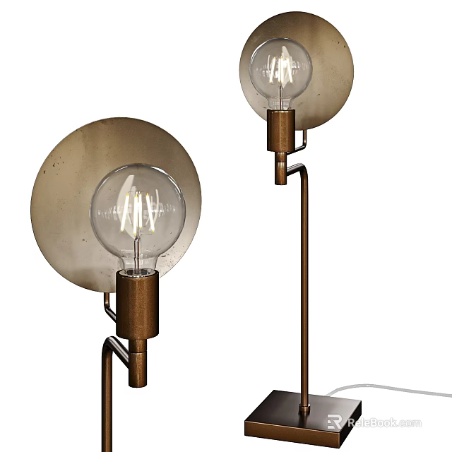 Vintage Brass Table Lamp Combination With Round Shade And Clear Glass Bulb 3d model 