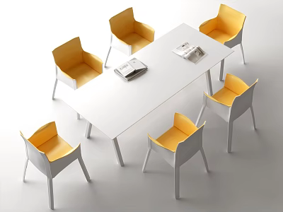 Modern White Conference Table with Six Yellow Chairs and Magazines on Top 3d model