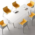 Modern White Conference Table with Six Yellow Chairs and Magazines on Top