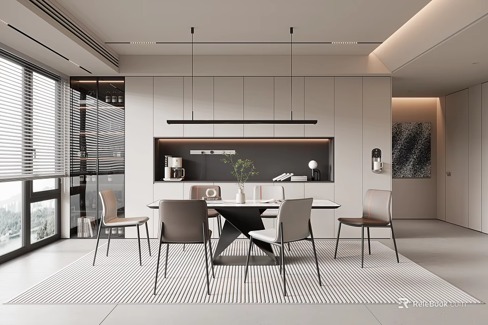 Modern Restaurant Interior Design With Open Layout White Cabinets Dining Table And Pendant Lights 3d model