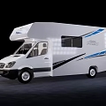 Modern White Motorhome Exterior With Blue Black Decorative Stripes And Windows