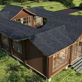 Traditional Wooden Ancient Building With Sloped Roof Large Windows And Greenery Surroundings